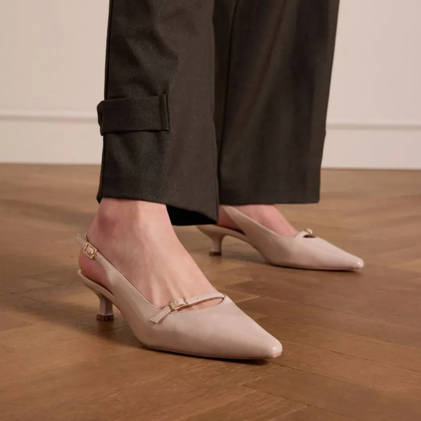 Manfield Beige lak slingbacks^DAMES Pumps|Slingbacks