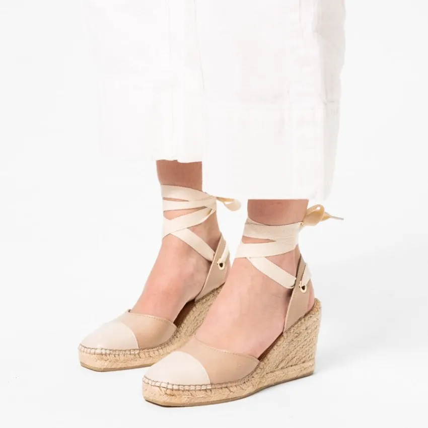 Manfield Beige leren sleehakken met lint^DAMES Espadrilles|Sandalen