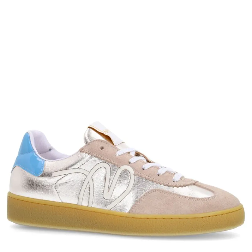 Manfield Beige leren sneakers met goudkleurige & blauwe details^DAMES Sneakers