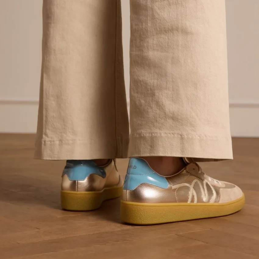 Manfield Beige leren sneakers met goudkleurige & blauwe details^DAMES Sneakers
