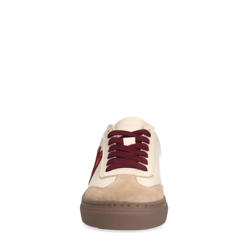 Manfield Beige leren sneakers met burgundy details^DAMES Sneakers