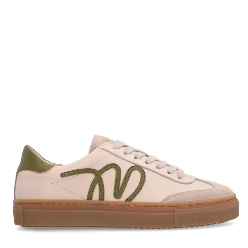 Manfield Beige leren sneakers met groene details^DAMES Sneakers