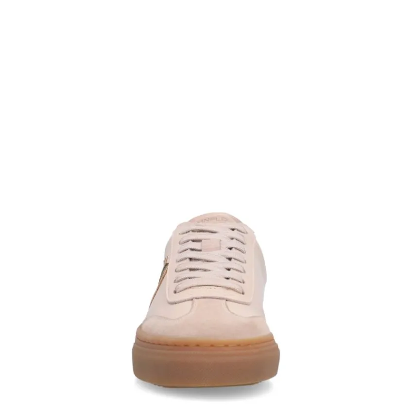 Manfield Beige leren sneakers met groene details^DAMES Sneakers