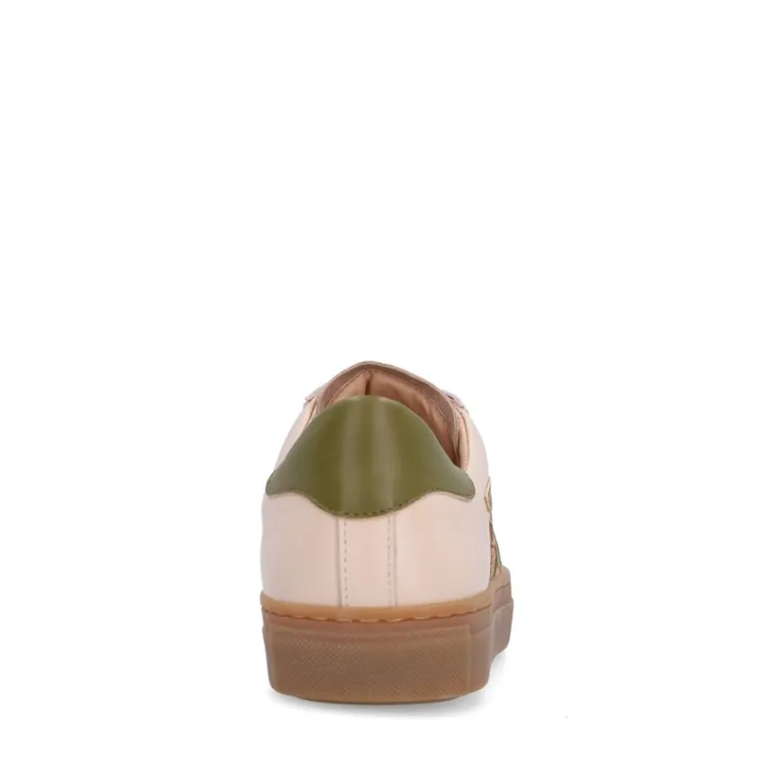 Manfield Beige leren sneakers met groene details^DAMES Sneakers