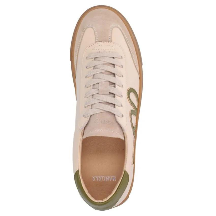 Manfield Beige leren sneakers met groene details^DAMES Sneakers