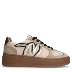 Manfield Beige leren sneakers met gouden details^DAMES Sneakers