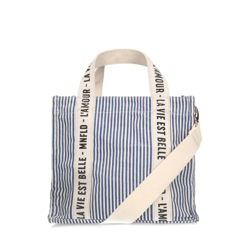 Manfield Beige navy gestreepte mini shopper^ Schoudertassen