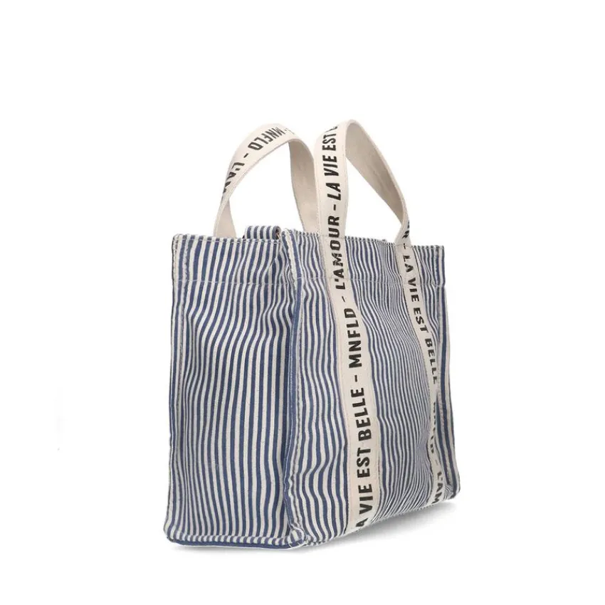 Manfield Beige navy gestreepte mini shopper^ Schoudertassen