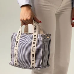 Manfield Beige navy gestreepte mini shopper^ Schoudertassen