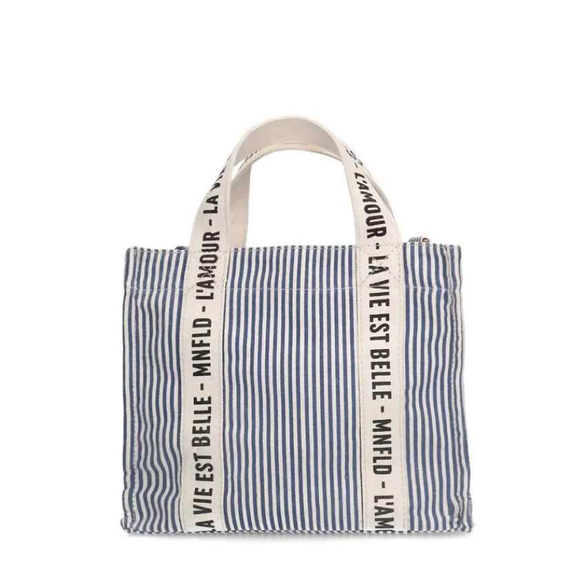 Manfield Beige navy gestreepte mini shopper^ Schoudertassen