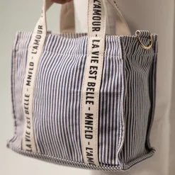 Manfield Beige navy gestreepte mini shopper^ Schoudertassen