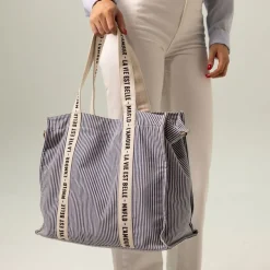 Manfield Beige navy gestreepte shopper^ Shoppers