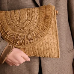 Manfield Beige raffia schoudertas^ Schoudertassen