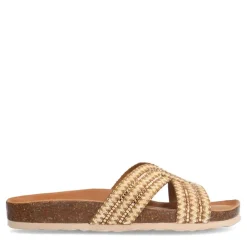 Manfield Beige raffia slippers met glittersteentjes^DAMES Slippers