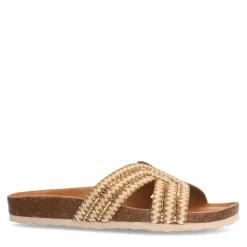 Manfield Beige raffia slippers met glittersteentjes^DAMES Slippers
