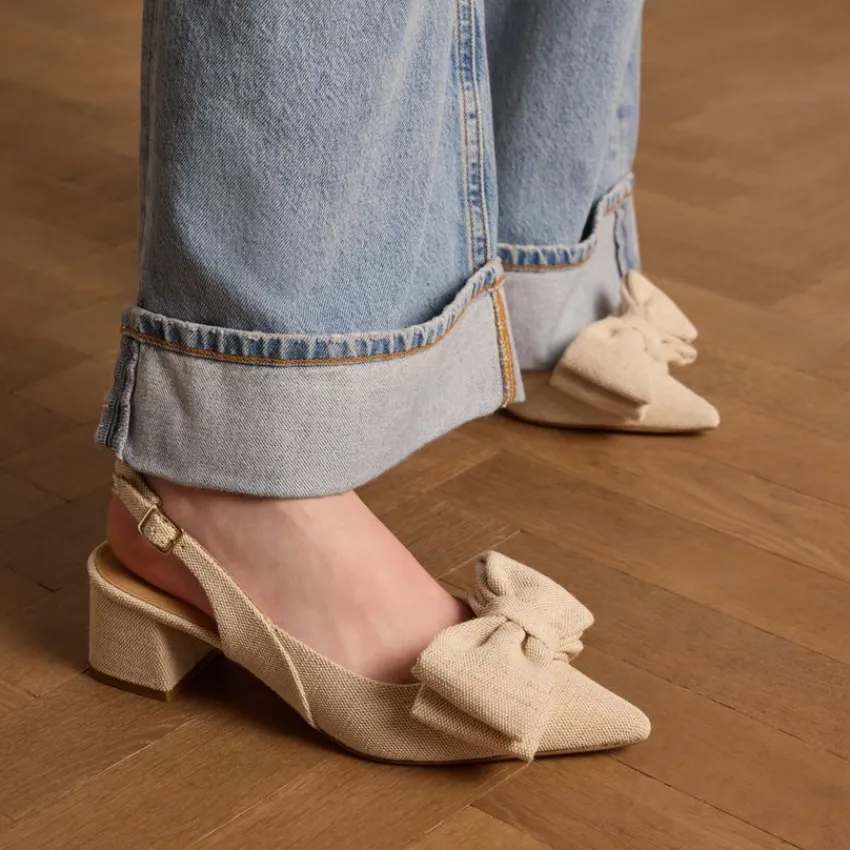 Manfield Beige slingbacks met strik^DAMES Pumps|Slingbacks