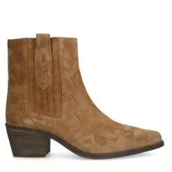 Manfield Beige suède cowboy laarzen^DAMES Enkellaarsjes