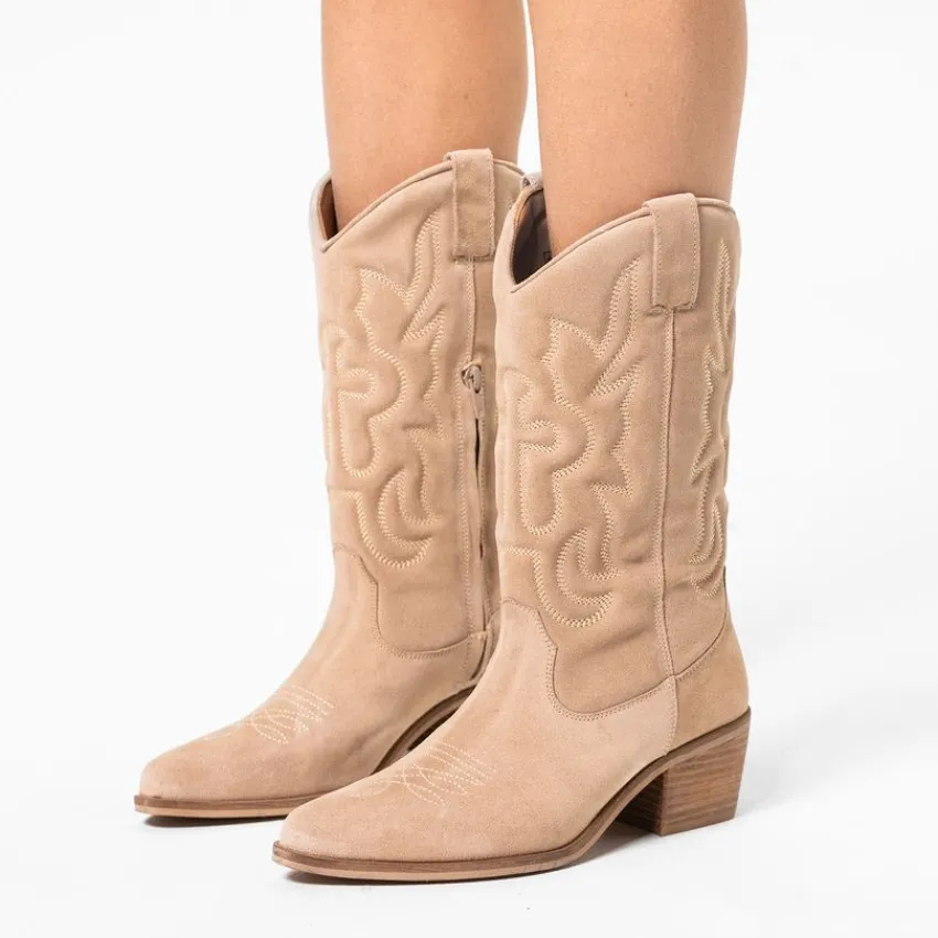 Manfield Beige suède cowboylaarzen^DAMES Laarzen