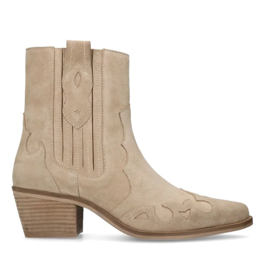 Manfield Beige suède cowboylaarzen^DAMES Enkellaarsjes