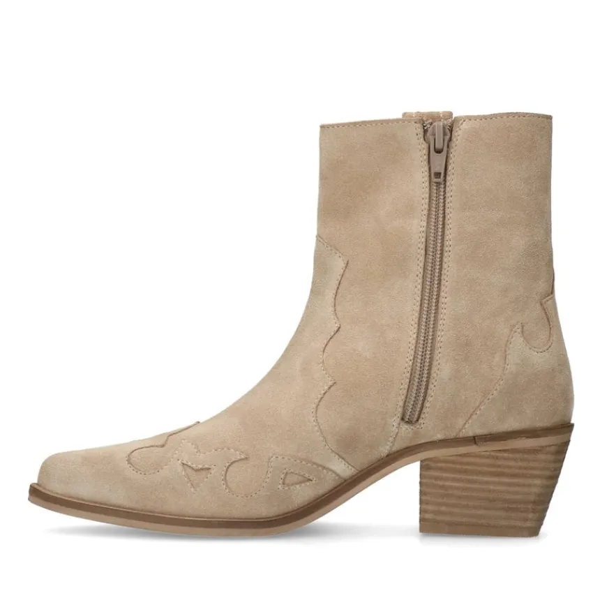 Manfield Beige suède cowboylaarzen^DAMES Enkellaarsjes