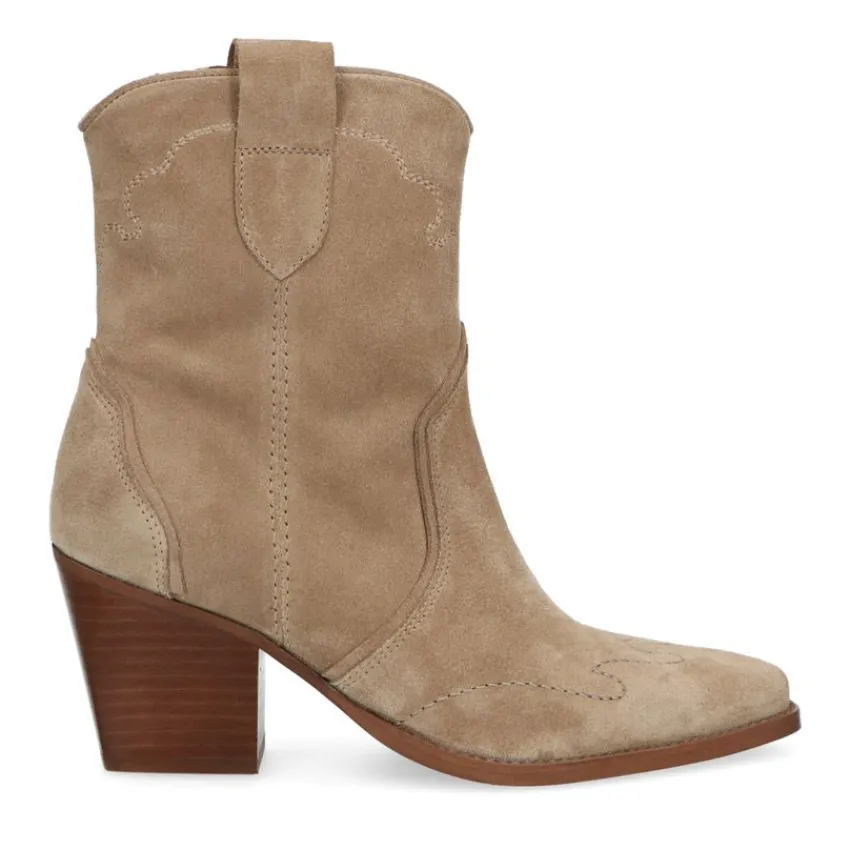 Manfield Beige suède cowboylaarzen^DAMES Enkellaarsjes