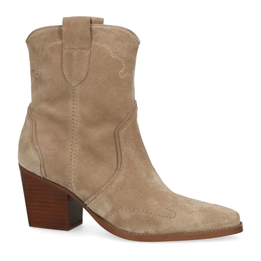 Manfield Beige suède cowboylaarzen^DAMES Enkellaarsjes