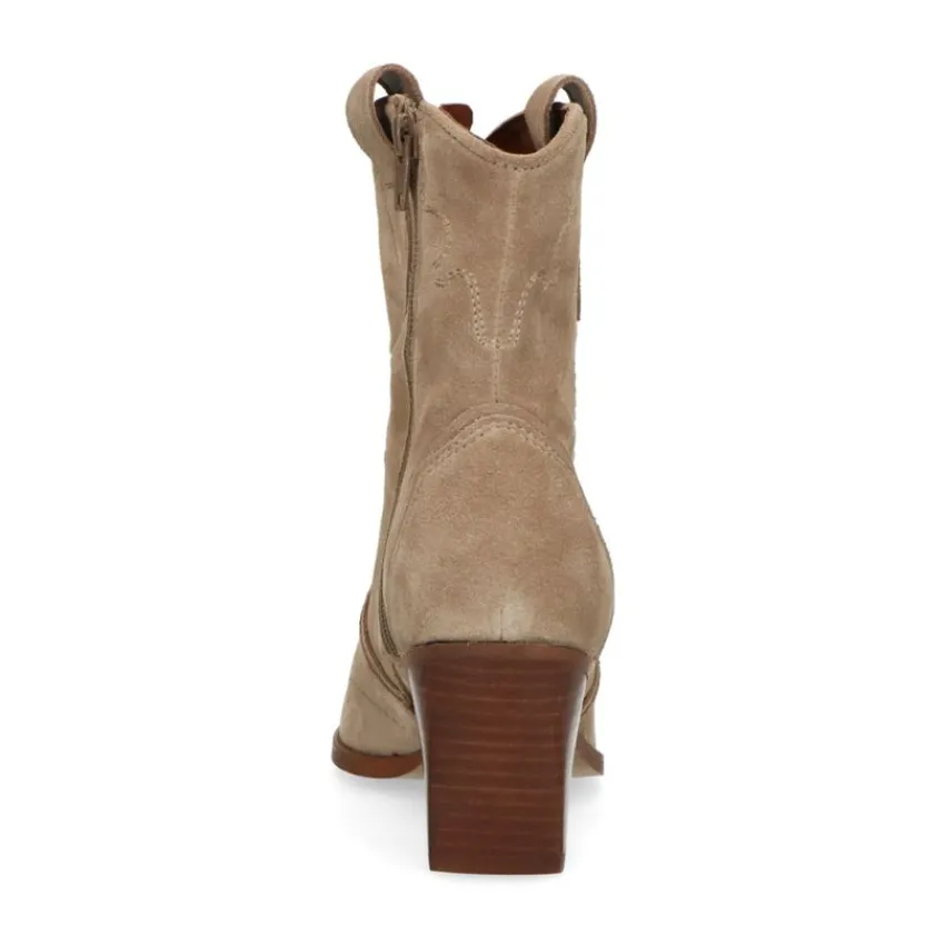 Manfield Beige suède cowboylaarzen^DAMES Enkellaarsjes