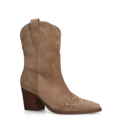 Manfield Beige suède cowboylaarzen met goudkleurige studs^DAMES Enkellaarsjes