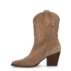 Manfield Beige suède cowboylaarzen met goudkleurige studs^DAMES Enkellaarsjes