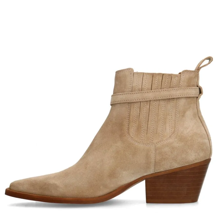 Manfield Beige suède enkellaarsjes met hak^DAMES Enkellaarsjes