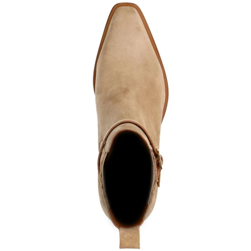 Manfield Beige suède enkellaarsjes met hak^DAMES Enkellaarsjes