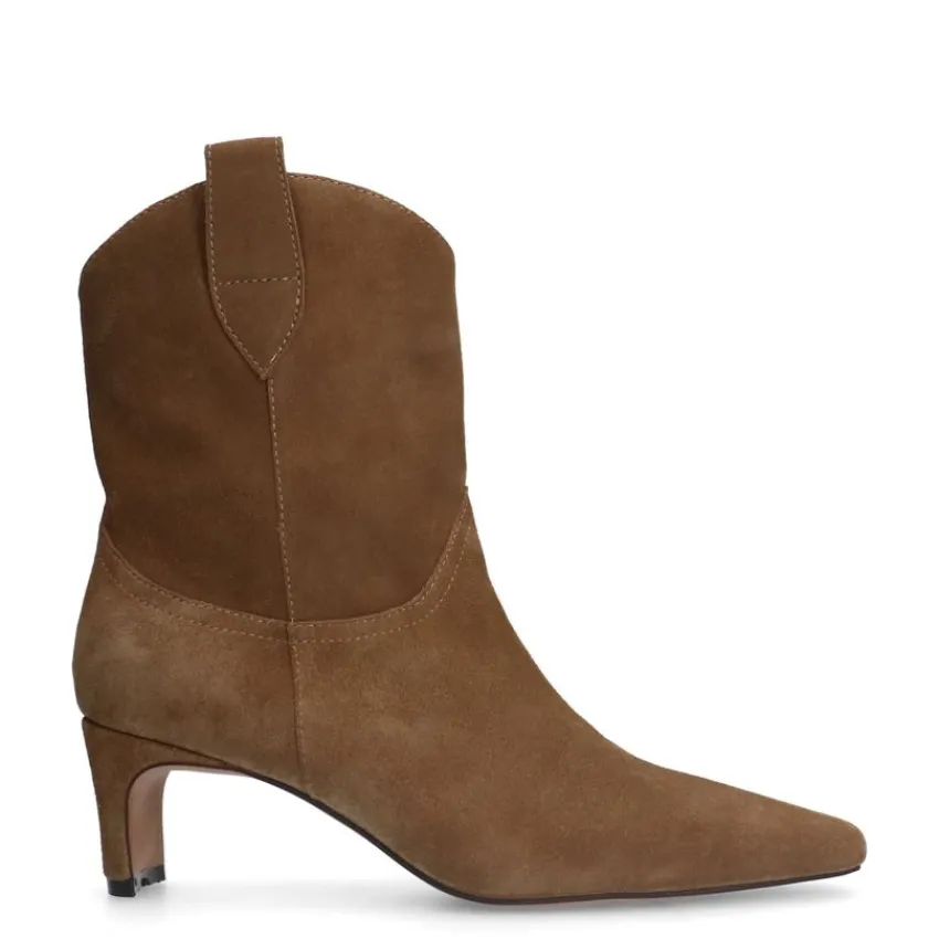 Manfield Beige suède enkellaarsjes met hak^DAMES Enkellaarsjes