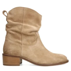 Manfield Beige suède enkellaarsjes met hak^DAMES Enkellaarsjes