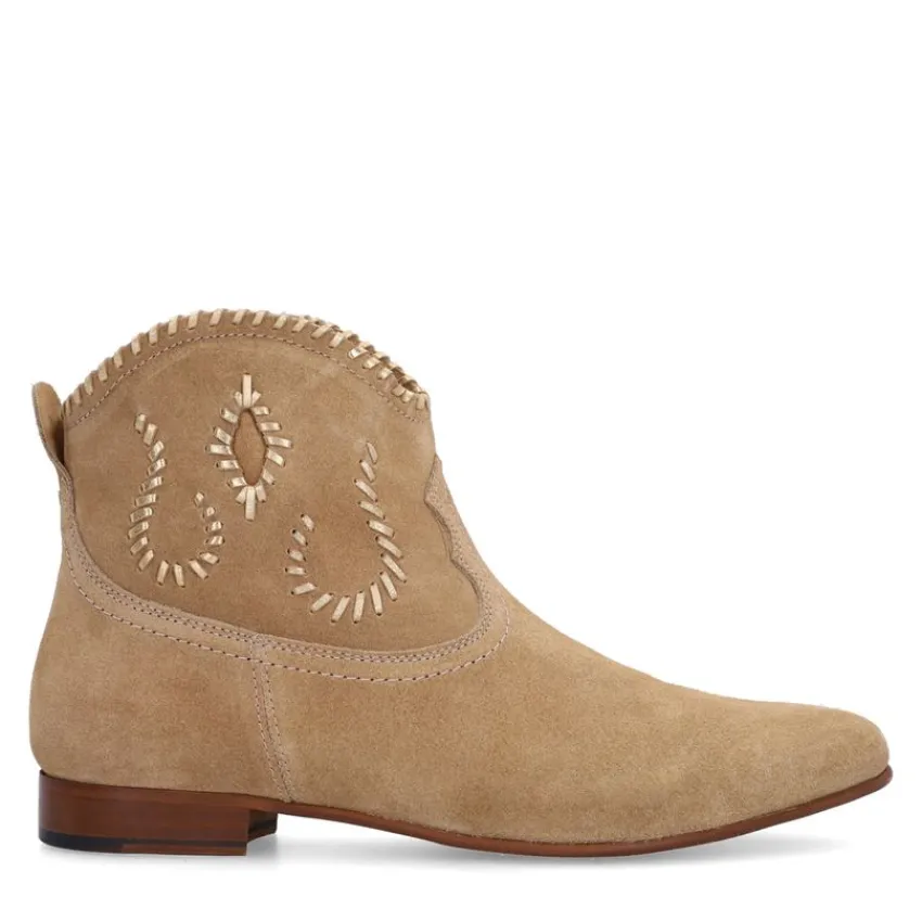 Manfield Beige suède enkellaarsjes met gouden details^DAMES Enkellaarsjes