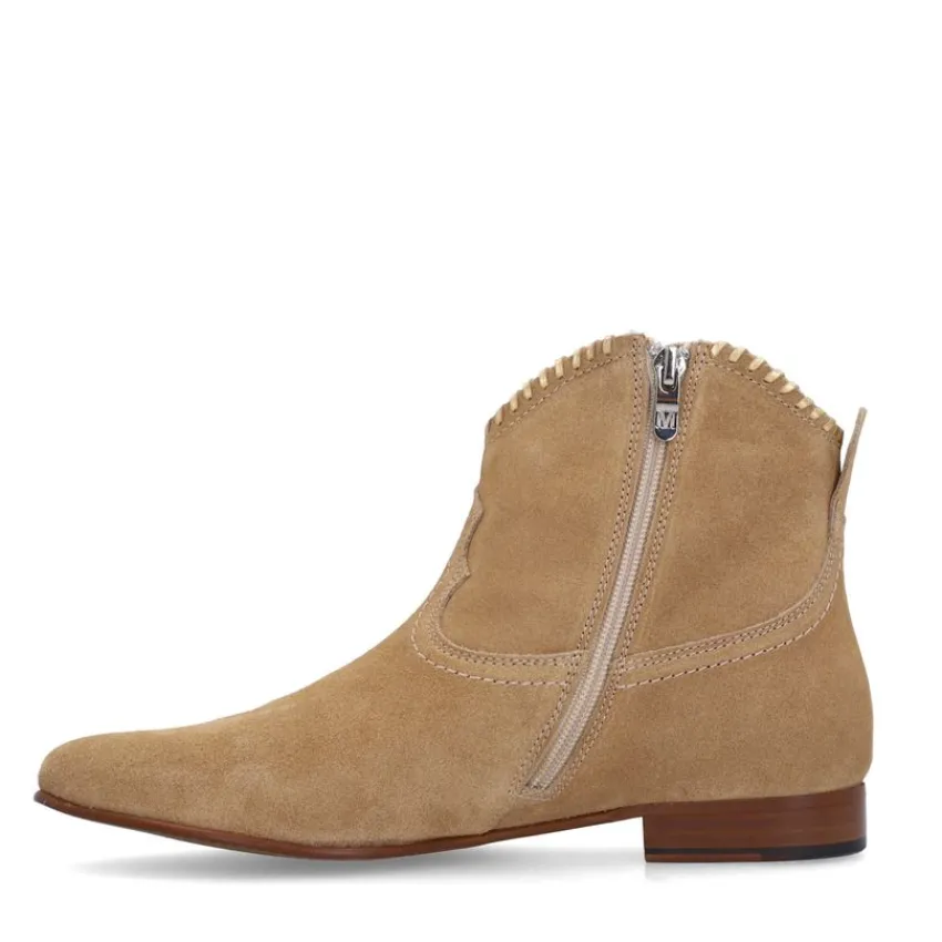 Manfield Beige suède enkellaarsjes met gouden details^DAMES Enkellaarsjes