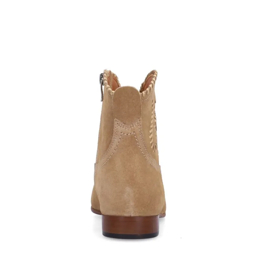 Manfield Beige suède enkellaarsjes met gouden details^DAMES Enkellaarsjes