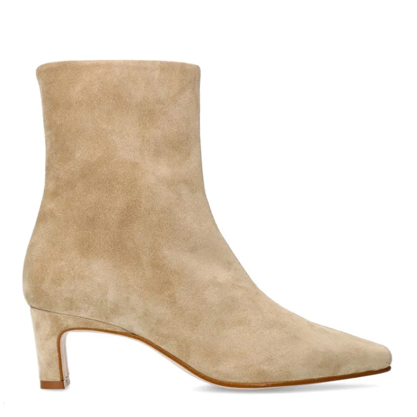 Manfield Beige suède enkellaarsjes met hak^DAMES Enkellaarsjes