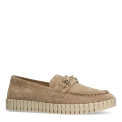Manfield Beige suède loafer met goudkleurig detail^DAMES Loafers