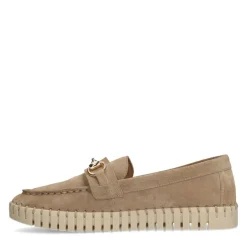 Manfield Beige suède loafer met goudkleurig detail^DAMES Loafers