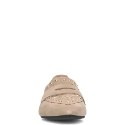 Manfield Beige suède loafers met goudkleurige studs^DAMES Loafers