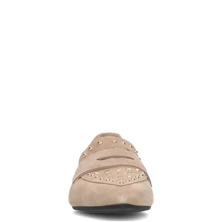 Manfield Beige suède loafers met goudkleurige studs^DAMES Loafers