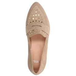 Manfield Beige suède loafers met goudkleurige studs^DAMES Loafers