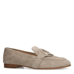 Manfield Beige suède loafers met goudkleurig detail^DAMES Loafers