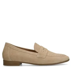 Manfield Beige suède loafers met goudkleurige studs^DAMES Loafers