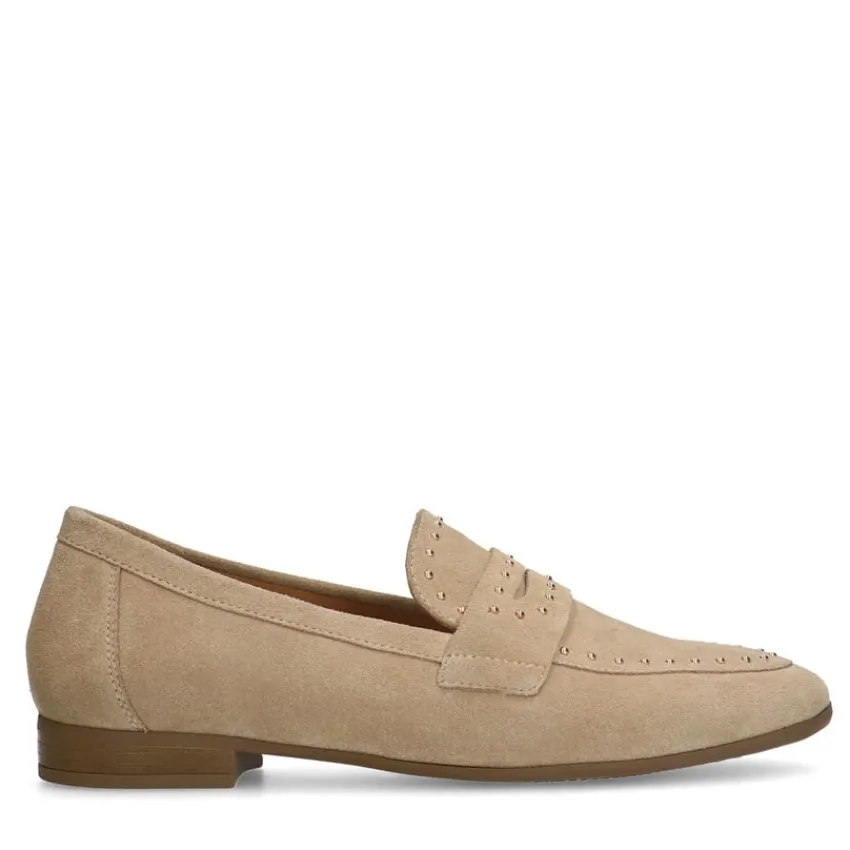 Manfield Beige suède loafers met goudkleurige studs^DAMES Loafers