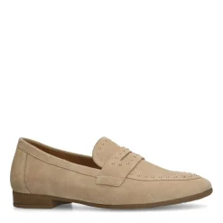 Manfield Beige suède loafers met goudkleurige studs^DAMES Loafers