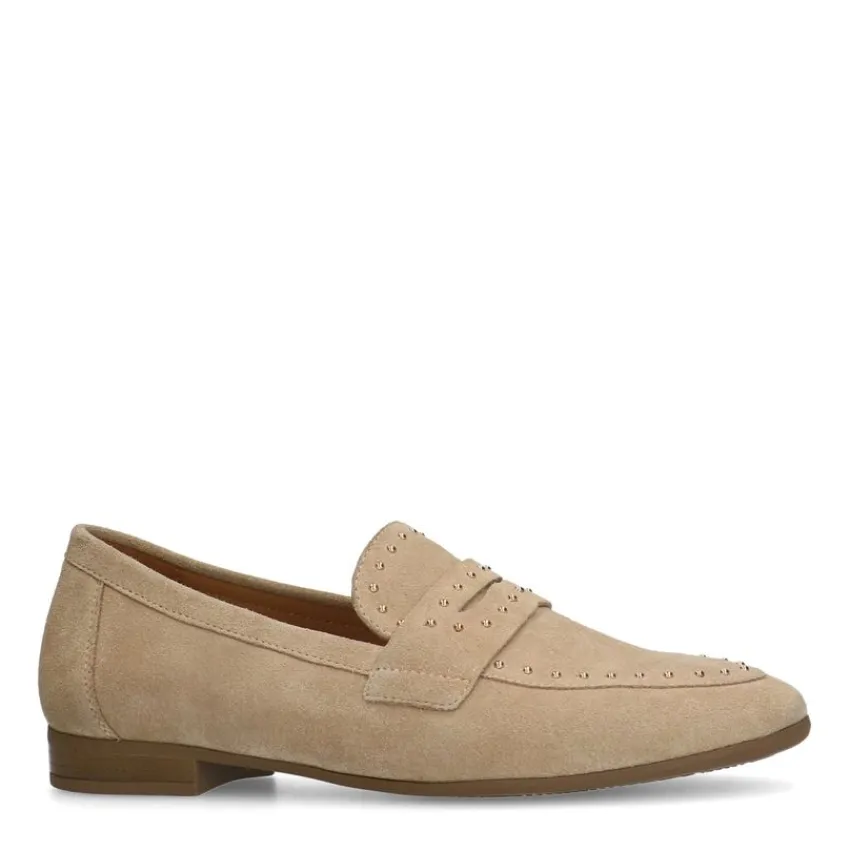 Manfield Beige suède loafers met goudkleurige studs^DAMES Loafers