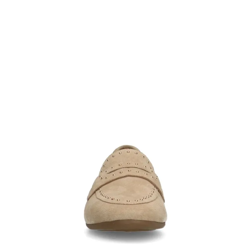 Manfield Beige suède loafers met goudkleurige studs^DAMES Loafers
