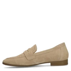 Manfield Beige suède loafers met goudkleurige studs^DAMES Loafers