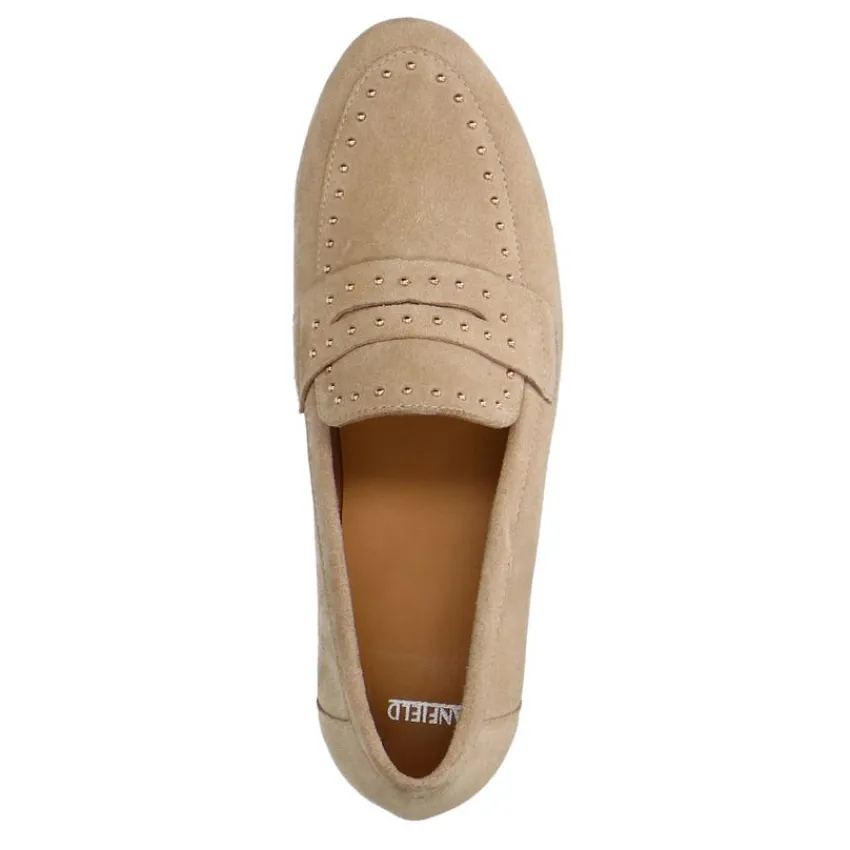 Manfield Beige suède loafers met goudkleurige studs^DAMES Loafers